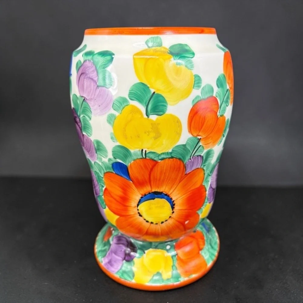 Vintage Czechoslovakia Hand Painted Floral Ceramic Vase Vessel Multi Color 1930s